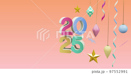 Image of 2025 number over new year and christmas decorations on pink background Image of 2025 number over new year and christmas decorations on pink background 97552991