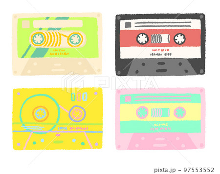 カセットテープ レトロでカラフルな手描きのイラストセット カセットテープ レトロでカラフルな手描きのイラストセット 97553552