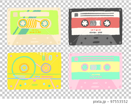 カセットテープ レトロでカラフルな手描きのイラストセット カセットテープ レトロでカラフルな手描きのイラストセット 97553552