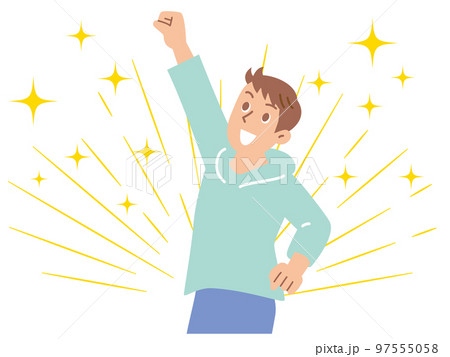 拳を突き上げて喜ぶ若い男性 拳を突き上げて喜ぶ若い男性 97555058