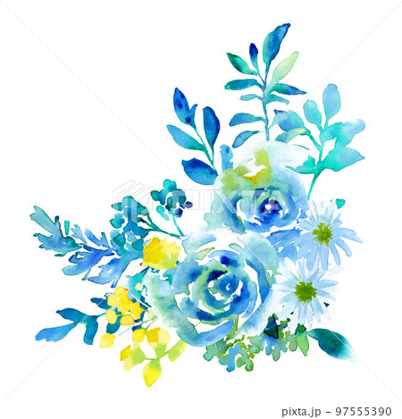 水彩画。水彩タッチの青い薔薇のベクターイラスト。エレガントな水彩植物イラスト。 97555390