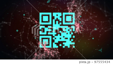 Image of a blue QR code with webs of connection over blue graph appearing Image of a blue QR code with webs of connection over blue graph appearing 97555434