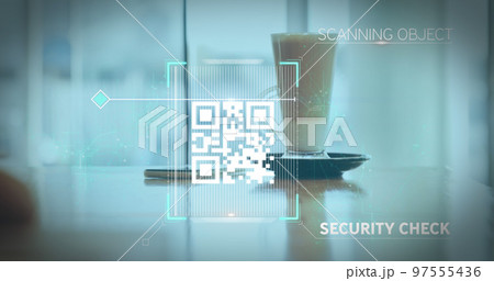 Image of a white QR code scanning over a cup of caffe latte standing Image of a white QR code scanning over a cup of caffe latte standing 97555436