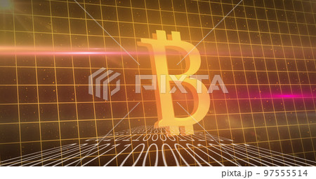 Bitcoin symbol over binary coding against grid lines 97555514