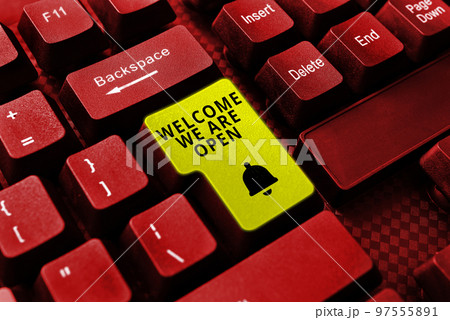 Conceptual caption Welcome We Are Open. Word Written on Greeting making part of a work group new people Conceptual caption Welcome We Are Open. Word Written on Greeting making part of a work group new people 97555891