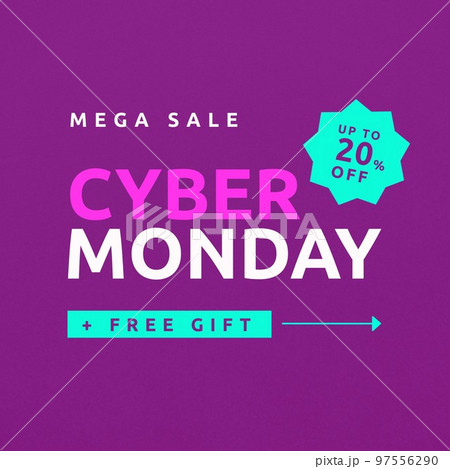 Square picture of cyber monday mega sale free gift text over purple background 97556290