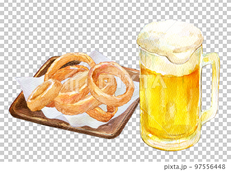 Draft beer and onion rings watercolor illustration 97556448