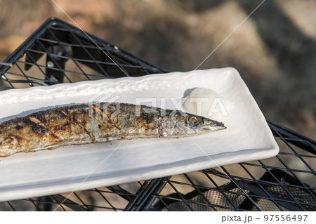 【オートキャンプ場で生サンマの塩焼きの完成】 97556497