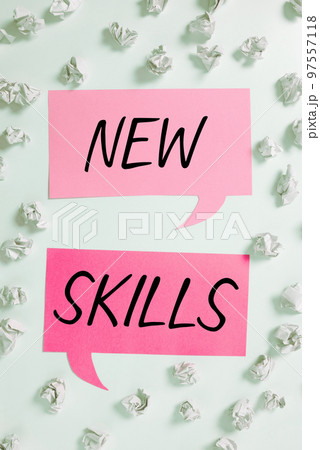 Text caption presenting New Skills. Business concept Recently Acquired Learned Abilities Knowledge Competences Text caption presenting New Skills. Business concept Recently Acquired Learned Abilities Knowledge Competences 97557118