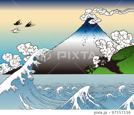 甲州三嶌越と波と燕のイラスト素材 [97557156] PIXTA