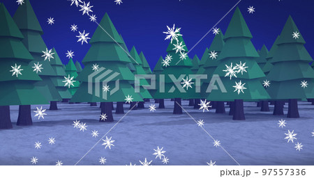 Image of snow falling over fir trees and winter landscape 97557336
