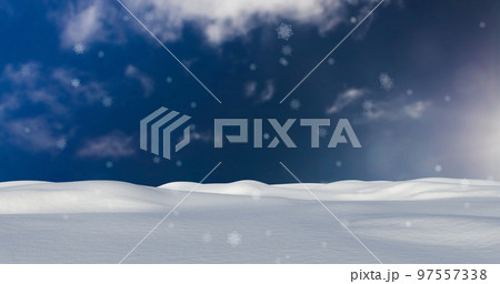 Image of snow falling over winter landscape and sky 97557338
