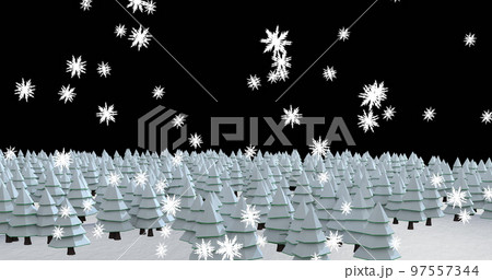 Image of snow falling over fir tree in winter landscape 97557344