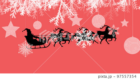 Image of santa claus in sleigh with reindeer over snow falling on red background Image of santa claus in sleigh with reindeer over snow falling on red background 97557354
