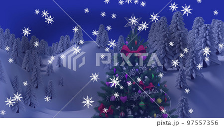 Image of christmas tree and snow falling over winter landscape Image of christmas tree and snow falling over winter landscape 97557356