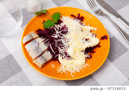 Appetizing beetroot with cheese and herring Appetizing beetroot with cheese and herring 97558053