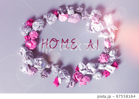 Text caption presenting Home Ai. Conceptual photo home solution that enables automating the bulk of electronic 97558164
