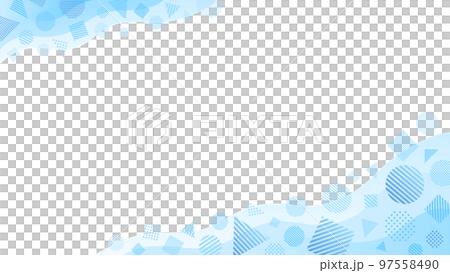 水色の丸・三角・四角の図形アイコンと波状の斜めフレーム 97558490