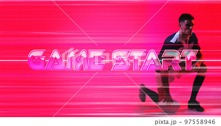Game start text and glitch technique with caucasian rugby player kneeling on pink background Game start text and glitch technique with caucasian rugby player kneeling on pink background 97558946