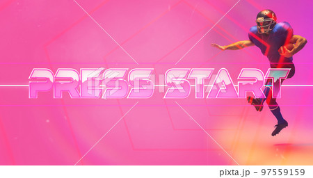 Composite of press start text with lines and american football player with ball on pink background Composite of press start text with lines and american football player with ball on pink background 97559159