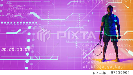 African american tennis player with racket standing over grid pattern with lines, dots and codes African american tennis player with racket standing over grid pattern with lines, dots and codes 97559904