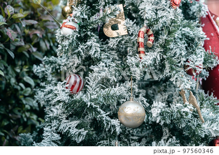 Merry x-mas,Close up of Colorful balls ,gifts box and Christmas greeting picture parcel, on white snow Green Christmas tree background Decoration During Christmas and New Year. Merry x-mas,Close up of Colorful balls ,gifts box and Christmas greeting picture parcel, on white snow Green Christmas tree background Decoration During Christmas and New Year. 97560346