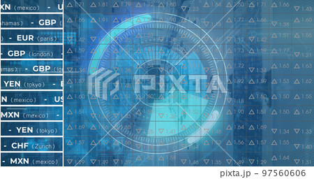 Image of stock market over scope scanning and server room 97560606