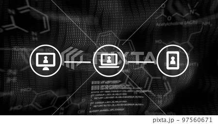 Image of qr code and network of connections over black background Image of qr code and network of connections over black background 97560671