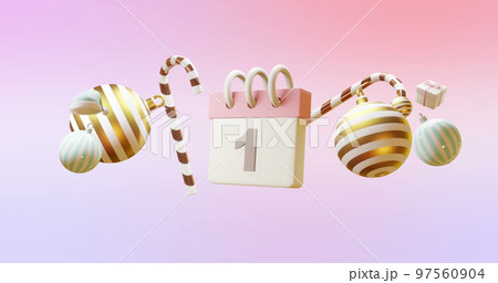 Composition of calendar with number 1 and christmas decorations on pink background 97560904