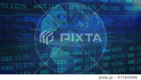 Image of lens flare, trading board, map and rotating globe over abstract background 97560986