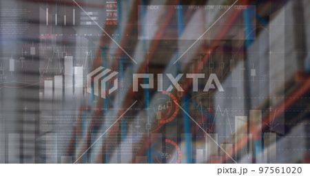 Image of financial data processing over empty warehouse 97561020