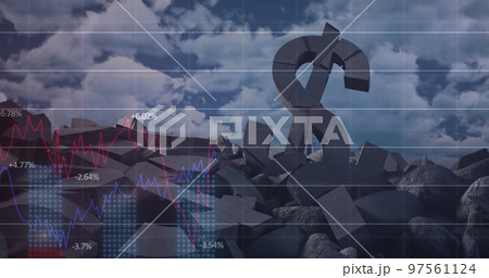 Financial data processing over broken dollar symbol against clouds in the blue sky 97561124