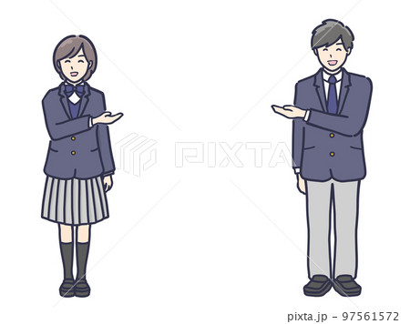 制服を着た学生男女が案内をするイラスト 97561572