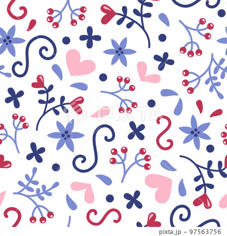 Seamless romantic pattern with hearts, flowers and berries in doddle style. Valentine's day, wedding, mother's day background. Vector illustration 97563756