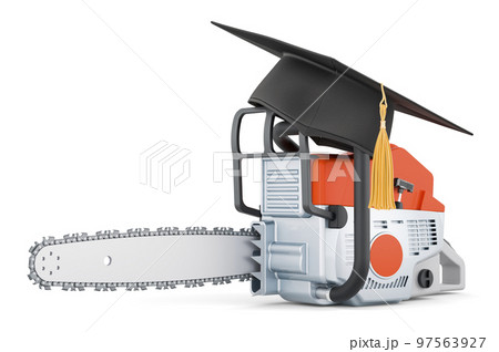 Chainsaw with graduation cap. 3D rendering Chainsaw with graduation cap. 3D rendering 97563927