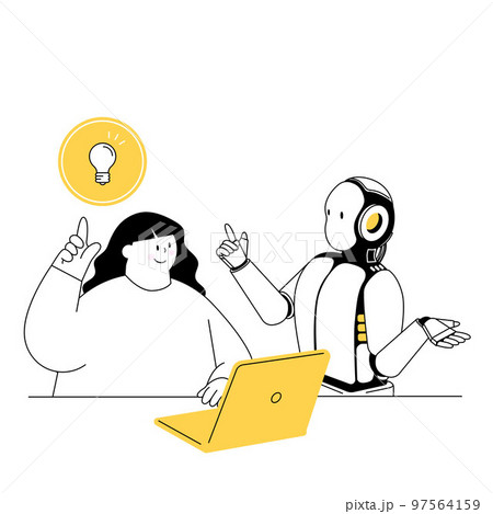 AIロボットと会話してアイデアを得る女性のベクターイラスト。 97564159