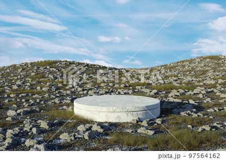 3D background with clean concrete podium display on green hill. 3d illustration 97564162