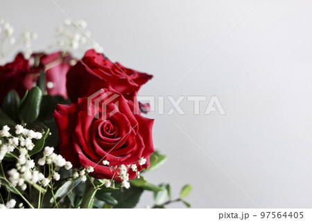 Bouquet of red roses. Soft focus with copy space Valentines day or wedding frame. 97564405