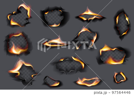 Burning holes, fire flames. Realistic burnt paper. Burned paper realistic fire flame isolated page sheet torn ash vector illustration 97564446