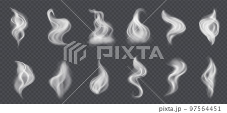 Smoke vector collection, isolated, transparent background. White dust, smoke or fog clouds isolated on transparent background. Realistic wind blow swirls, smoke air or hot steam. 97564451