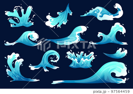 Water splash, vfx game cartoon set. Blue water spray motion, spatter blast, drip or ripple, Vector illustration 97564459