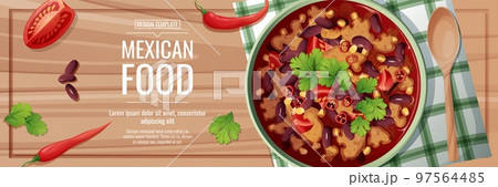 Horizontal banner with bean soup. Delicious dish with kidney beans, meat, corn, tomatoes and chili peppers.Traditional Mexican food 97564485