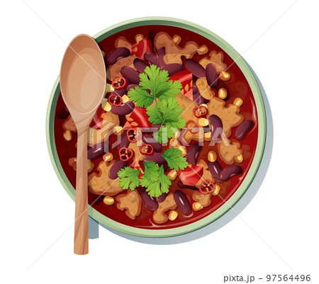 Bean soup with meat, tomatoes and peppers on a white background. Traditional Mexican food.Delicious and appetizing dish. Bean soup with meat, tomatoes and peppers on a white background. Traditional Mexican food.Delicious and appetizing dish. 97564496
