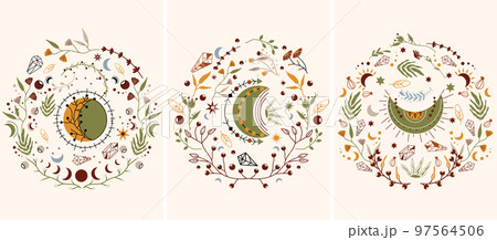 Astrological symbols, mystical moon, flowers, colorful leaves, stars. Boho composition is ideal for banners, posters, cards. Celestial moon. Vector illustration. 97564506