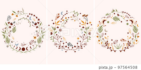 Vector set of posters with mystical leaves, flowers, moon, stars. Celestial design with space for your text suitable for posters, banners, cosmetics, spa. Bohemian posters. Vector illustration. 97564508