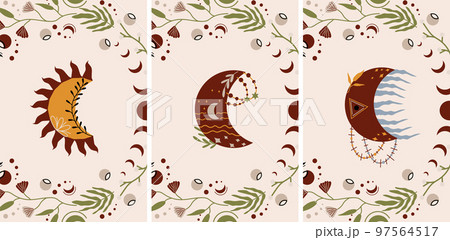 Collection of mystical celestial moon and leaves. Bohemian moon poster is perfect for banner, poster, greeting card. Bohemian Witchcraft moon. Vector illustration 97564517