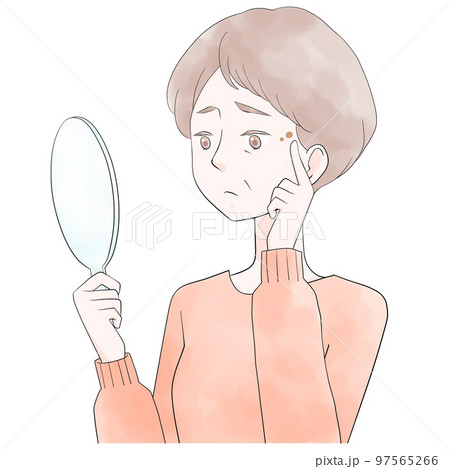 シミ　手鏡を持って目元を指さすシニア女性のイラスト 97565266