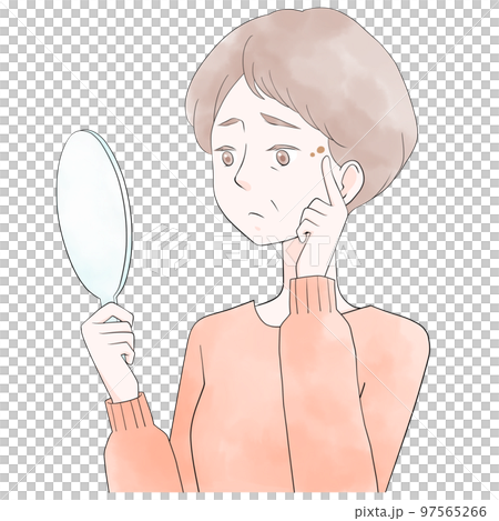 シミ　手鏡を持って目元を指さすシニア女性のイラスト 97565266