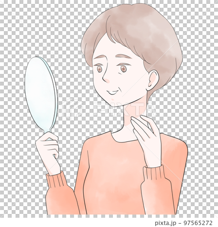 Smiling illustration of a senior woman holding a hand mirror and touching her neck 97565272