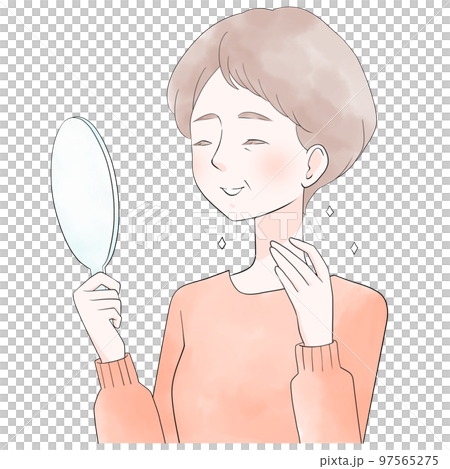 Exceptional smile Illustration of a senior woman holding a hand mirror and touching her neck 97565275
